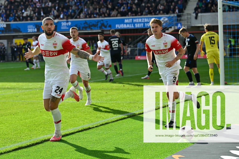 Paderborn, Home Deluxe Arena, October 10, 2026, GER, Men’s, 1st Bundesliga, 2026–2027 Season, SC Paderborn 07 vs. VfB Stuttgart. Photo by Julian CHABOT. Stuttgart celebrates after scoring the 0–1 goal. DFL regulations prohibit any use of photographs as image sequences and or quasi-video. North Rhine-Westphalia, Germany