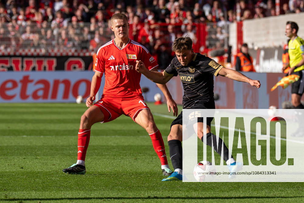 German Soccer 1st Bundesliga, Matchday 5, 2026–2027, 1. FC Union Berlin vs. SV Elversberg on October 10, 2026, at the Stadion An der Alten Försterei in Berlin: Lukas Petkov (SV Elversberg, 25) and Tom Rothe (1. FC Union Berlin, 15)