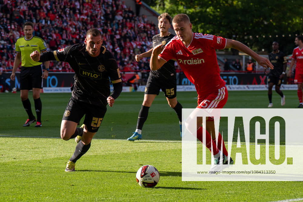 German Soccer Bundesliga 1, Matchday 5, 2026–2027, 1. FC Union Berlin vs. SV Elversberg on October 10, 2026, at the Stadion An der Alten Försterei in Berlin; a tackle between Luca Sirch of SV Elversberg (26) and Tom Rothe of 1. FC Union Berlin (15)