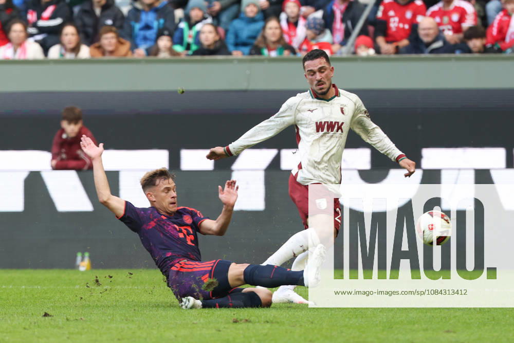 Tackle, Arijon Ibrahimovic (FC Augsburg, 21) vs. Joshua Kimmich (FC Bayern Munich, 06), GER, FC Augsburg vs. FC Bayern Munich, Soccer, Bundesliga, Matchday 5, 2026–2027 Season, October 10, 2026, DFL and DFB regulations prohibit any use of photographs as image sequences and or quasi-video, GER, FC Augsburg vs. FC Bayern Munich, soccer, Bundesliga, Matchday 5, 2026–2027 season, October 10, 2026, Augsburg