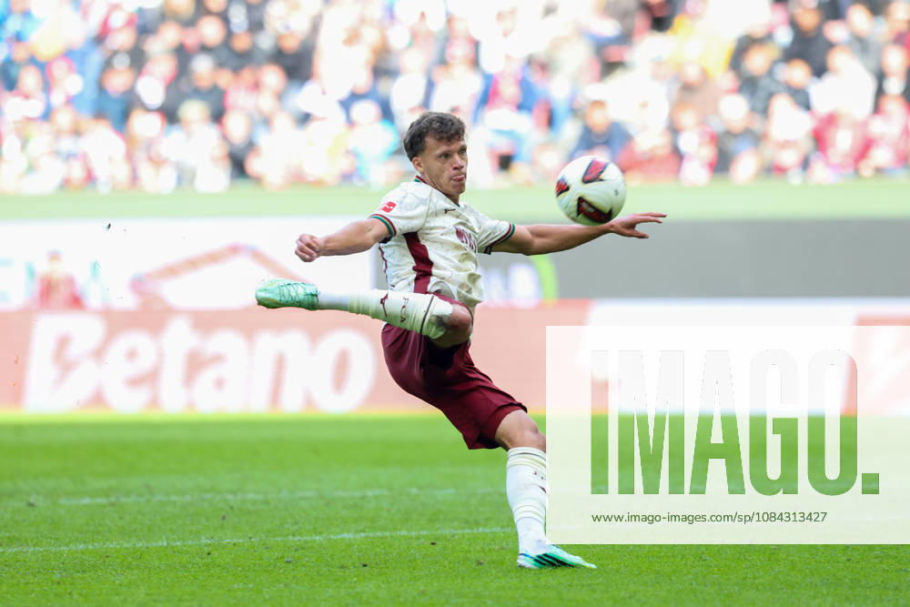 Robin Fellhauer, FC Augsburg, No. 19 with the ball, GER, FC Augsburg vs. FC Bayern Munich, Soccer, Bundesliga, Matchday 5, 2026–2027 Season, October 10, 2026, DFL and DFB regulations prohibit any use of photographs as image sequences and or quasi-video, GER, FC Augsburg vs. FC Bayern Munich, soccer, Bundesliga, Matchday 5, 2026–2027 season, October 10, 2026, Augsburg