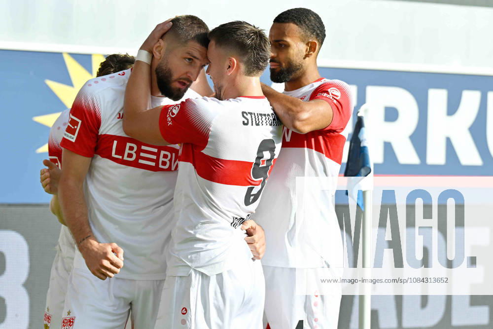 Paderborn, Home Deluxe Arena, October 10, 2026, GER, Men’s, 1st Bundesliga, 2026–2027 Season, SC Paderborn 07 vs. VfB Stuttgart. Photo by Julian CHABOT. Stuttgart celebrates after scoring the 0–1 goal. DFL regulations prohibit any use of photographs as image sequences and or quasi-video. North Rhine-Westphalia, Germany