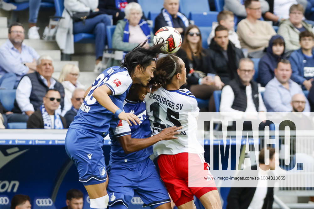 Koki Machida (TSG Hoffenheim), 28, Bernardo (TSG Hoffenheim), 13, and Yussuf Poulsen (Hamburger SV), 15, battling for the ball, Germany, soccer, Bundesliga 1, Matchday 5, 2026–2027, TSG Hoffenheim vs. Hamburger SV, October 10, 2026, Sinsheim SNP Arena, Germany