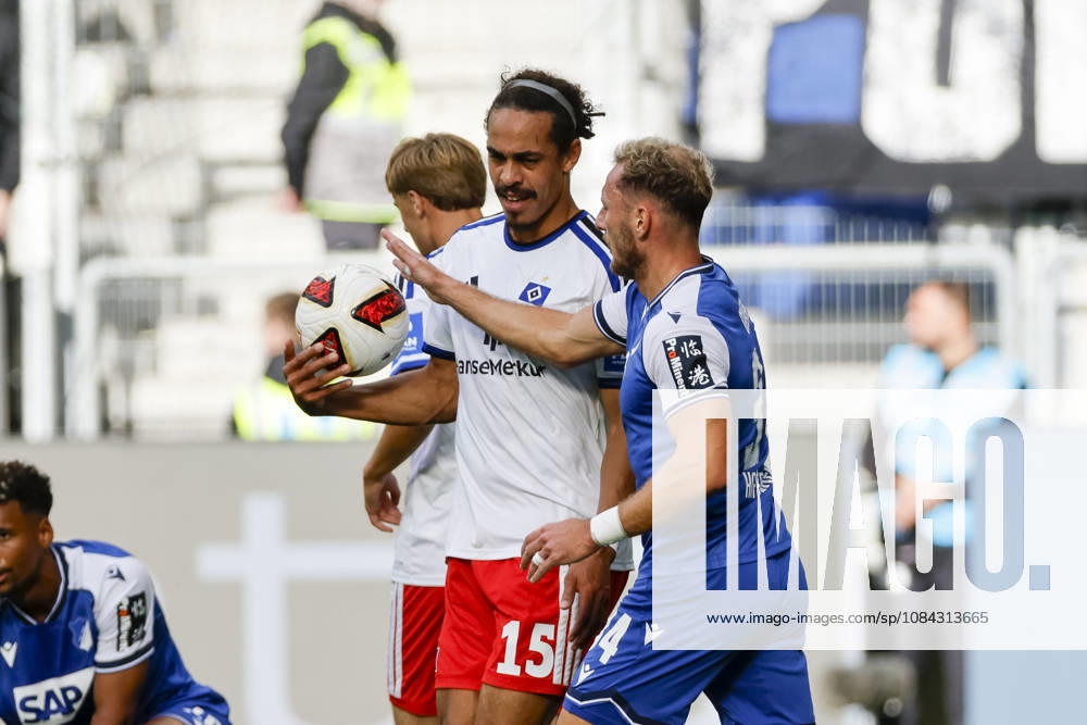 Yussuf Poulsen, Hamburger SV, 15, and Vladimir Coufal, TSG Hoffenheim, 34, Germany, soccer, Bundesliga 1, Matchday 5, 2026–2027, TSG Hoffenheim vs. Hamburger SV, October 10, 2026, Sinsheim SNP Arena, Germany