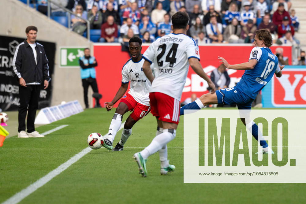 Albert Sambi Lokonga (Hamburger SV), Wouter Burger (TSG 1899 Hoffenheim), and Nicolas Capaldo (Hamburger SV), Germany, Sinsheim, October 10, 2026, Soccer, Bundesliga: TSG 1899 Hoffenheim vs. Hamburger SV, 2026–2027 season, Matchday 5, SNP Arena. DFL and DFB regulations prohibit any use of photographs as image sequences and or quasi-video.