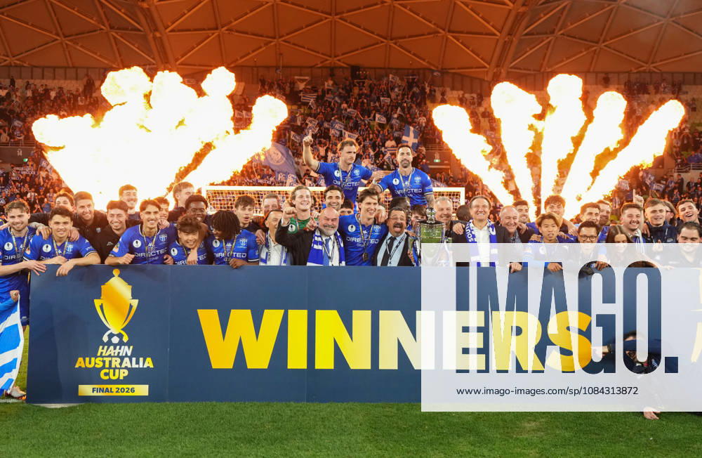 AUSTRALIA CUP SOUTH MELBOURNE VICTORY, South Melbourne celebrate with the trophy after winning the Australia Cup final match between South Melbourne FC and Melbourne Victory FC at AAMI Park in Melbourne, Saturday, October 10, 2026. ( NO ARCHIVING, MELBOURNE VICTORIA Australia