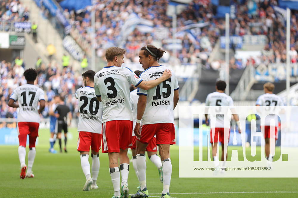 Soccer, Bundesliga 1, TSG 1899 Hoffenheim vs. Hamburger SV, Goal scored, Goal making the score 0–1, Yussuf Poulsen, Hamburger SV, Goal celebration, Goal celebration, celebrating the goal, celebrates scoring Yussuf Poulsen, Hamburger SV, David Moller Wolfe, Hamburger SV. DFL and DFB regulations prohibit any use of photographs as image sequences and or quasi-video. Sinsheim