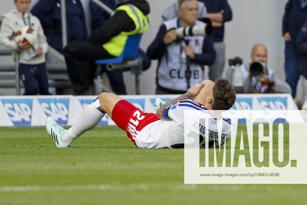 Nicolai Remberg, Hamburger SV, 21, injured on the ground, Germany, soccer, Bundesliga 1, Matchday 5, 2026–2027, TSG Hoffenheim vs. Hamburger SV, October 10, 2026, Sinsheim SNP Arena, Germany