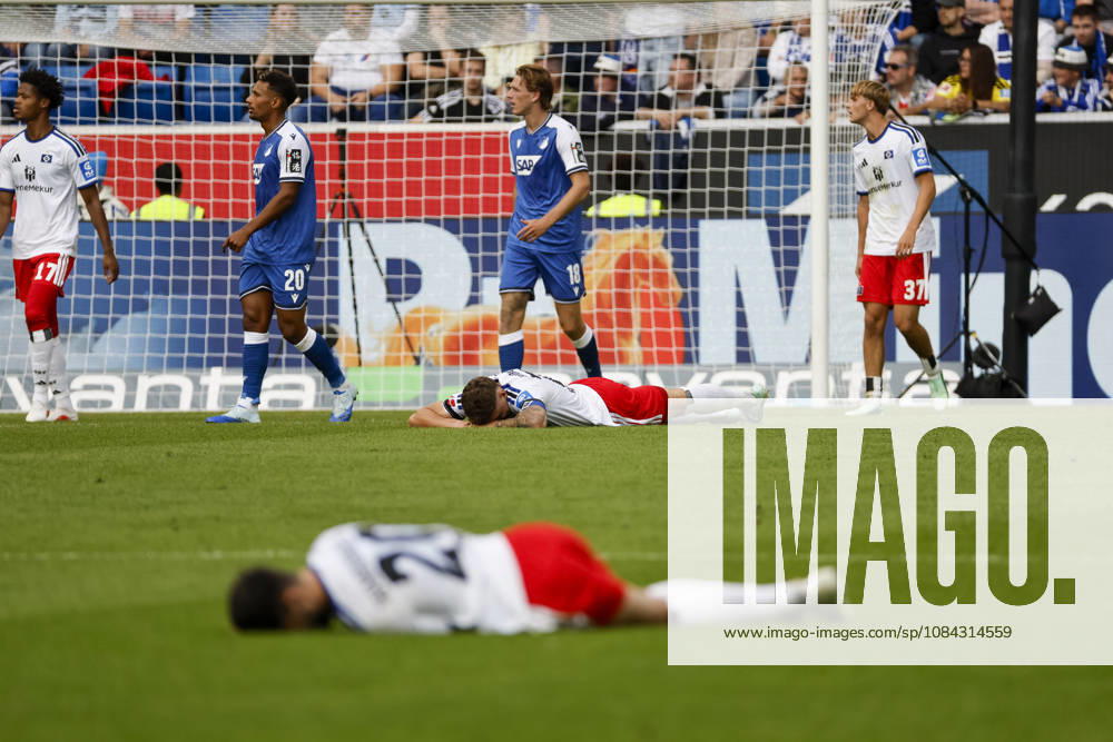 Fabio Vieira (Hamburger SV), 20, and Nicolai Remberg (Hamburger SV), 21, injured on the field, Germany, soccer, Bundesliga 1, Matchday 5, 2026–2027, TSG Hoffenheim vs. Hamburger SV, October 10, 2026, Sinsheim SNP Arena, Germany