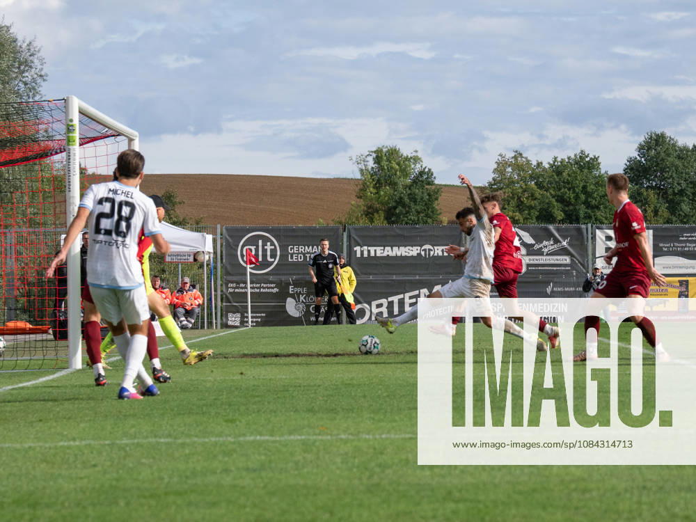 Shot on goal by Goncalo Gregorio of SV Waldhof Mannheim, No. 9, in the penalty area; scoring chance; action in the box; offensive play; attack; goal threat; GER; soccer; SG Sonnenhof Grossaspach vs. SV Waldhof Mannheim, 3rd Division, Matchday 8, Aspach, 2026–2027 season, October 10, 2026, GER, soccer, SG Sonnenhof Grossaspach vs. SV Waldhof Mannheim, 3rd League, Matchday 8, Aspach, 2026–2027 season, October 10, 2026, Aspach