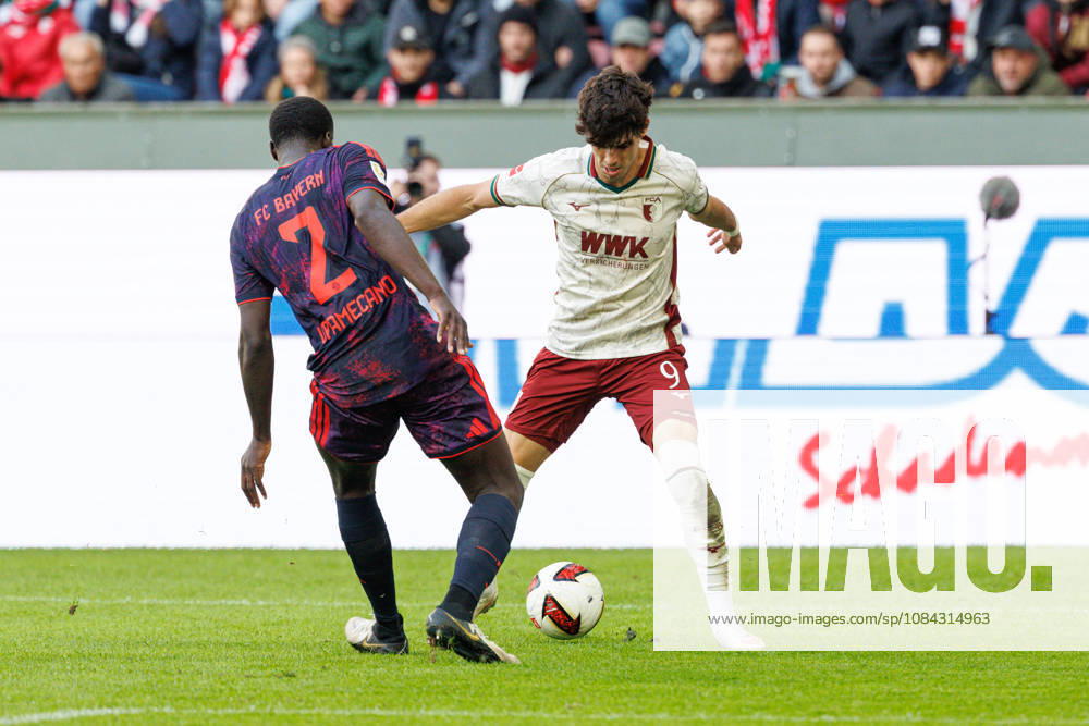 Rodrigo Ribeiro 9, FC Augsburg, and Dayot Upamecano 2, FC Bayern Munich, during the match between FC Augsburg and FC Bayern Munich, soccer, men s, Bundesliga, 2026–2027, Matchday 5 on October 10, 2026, in Augsburg, WWK ARENA. DFL and DFB regulations prohibit any use of photographs as image sequences and or quasi-video. Bayern, Germany