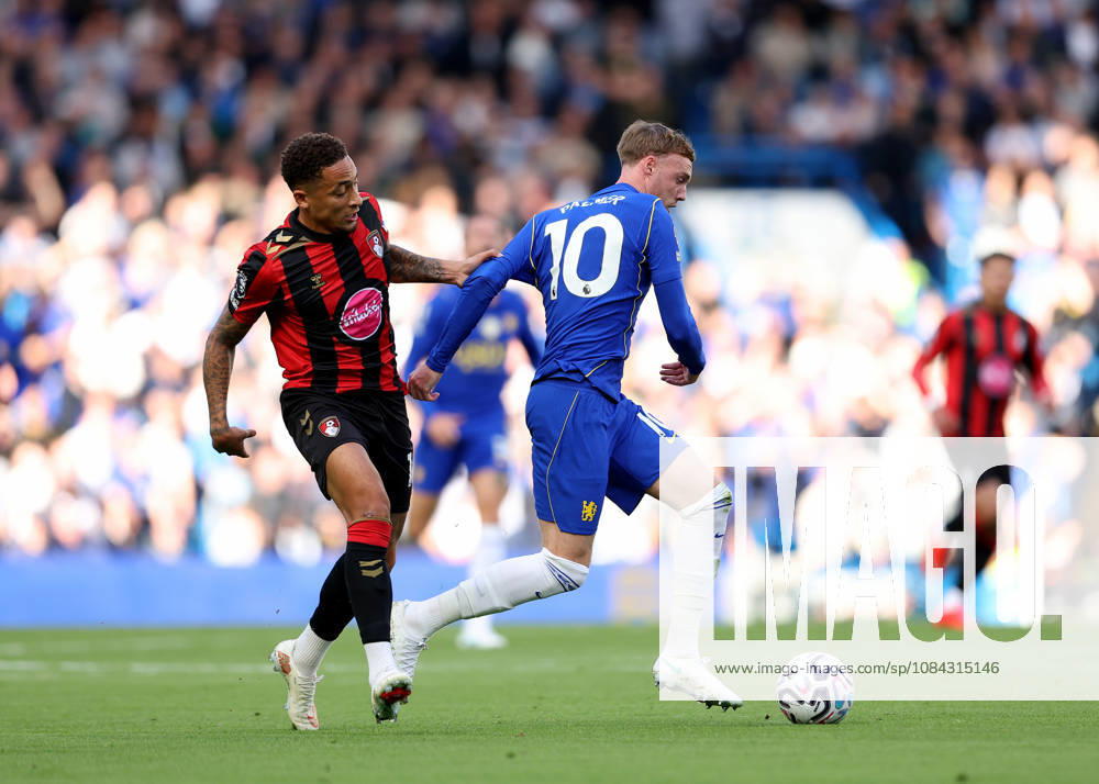 10th October 2026; Stamford Bridge, London, England; Premier League Football, Chelsea versus Bournemouth; Marcus Tavernier of AFC Bournemouth challenges Cole Palmer of Chelsea JohnxPatrickxFletcher