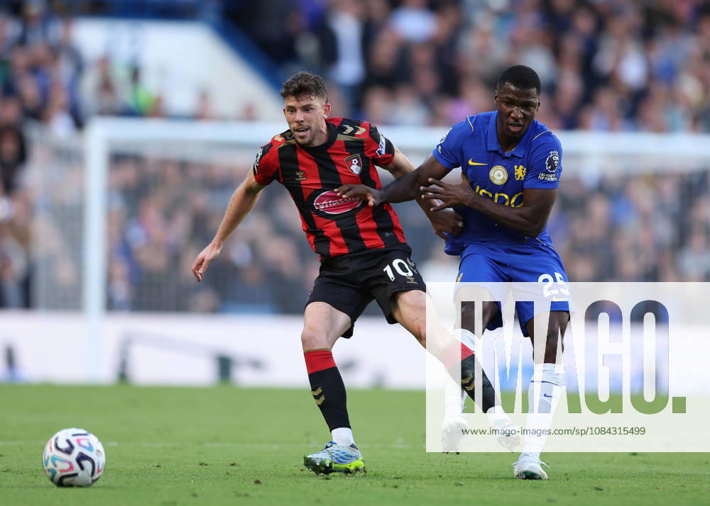 10th October 2026; Stamford Bridge, London, England; Premier League Football, Chelsea versus Bournemouth; Ryan Christie of AFC Bournemouth under pressure from Moises Caicedo of Chelsea JohnxPatrickxFletcher