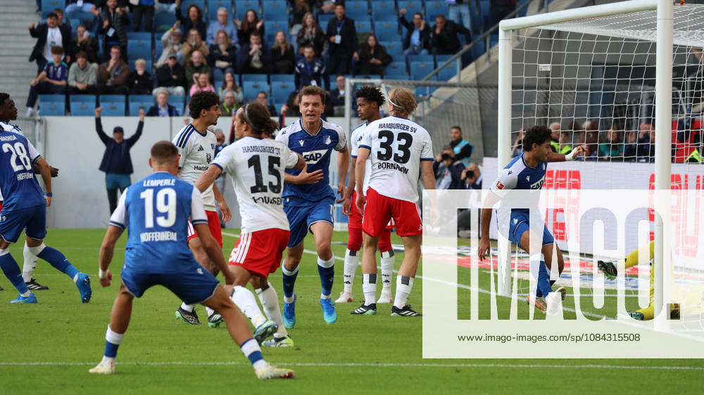 Soccer, Bundesliga 1, TSG 1899 Hoffenheim vs. Hamburger SV: Goal celebration after Fisnik Asllani’s goal (1-1) for TSG 1899 Hoffenheim. DFL and DFB regulations prohibit any use of photographs as image sequences and or QUASI-VIDEO Sinsheim