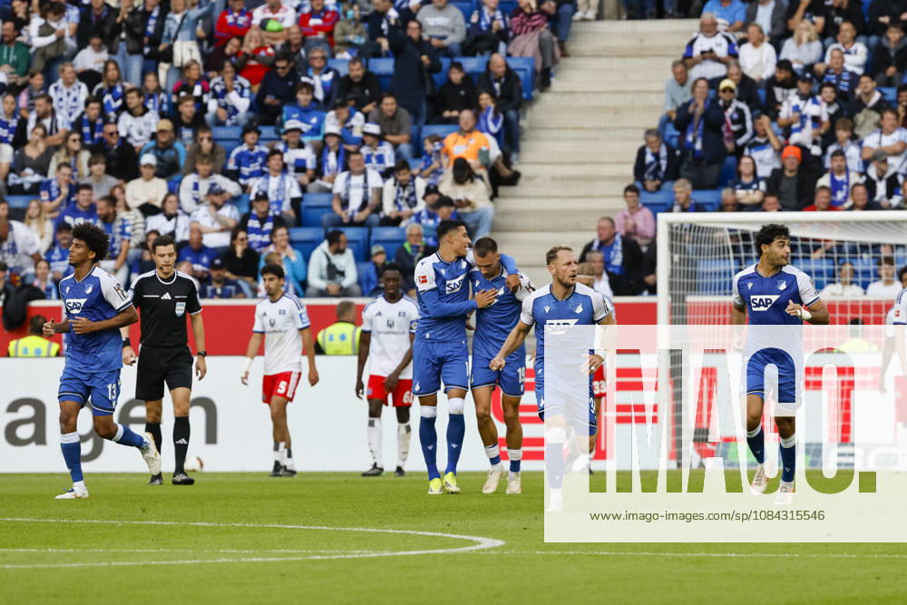 TSG Hoffenheim celebrates Fisnik Asllani s goal to tie the game at 1-1, TSG Hoffenheim, 11, joy, excitement, positive emotions, goal, Germany, soccer, Bundesliga 1, Matchday 5, 2026–2027, TSG Hoffenheim vs. Hamburger SV, October 10, 2026, Sinsheim SNP Arena, Germany