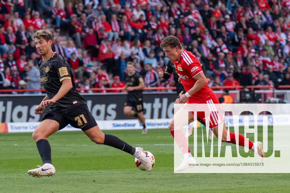 German Soccer 1st Bundesliga, Matchday 5, 2026–2027, 1. FC Union Berlin vs. SV Elversberg on October 10, 2026, at the Stadion An der Alten Försterei in Berlin; Tim Skarke of 1. FC Union Berlin, No. 21, in a tackle with Maximilian Rohr of SV Elversberg, No. 31