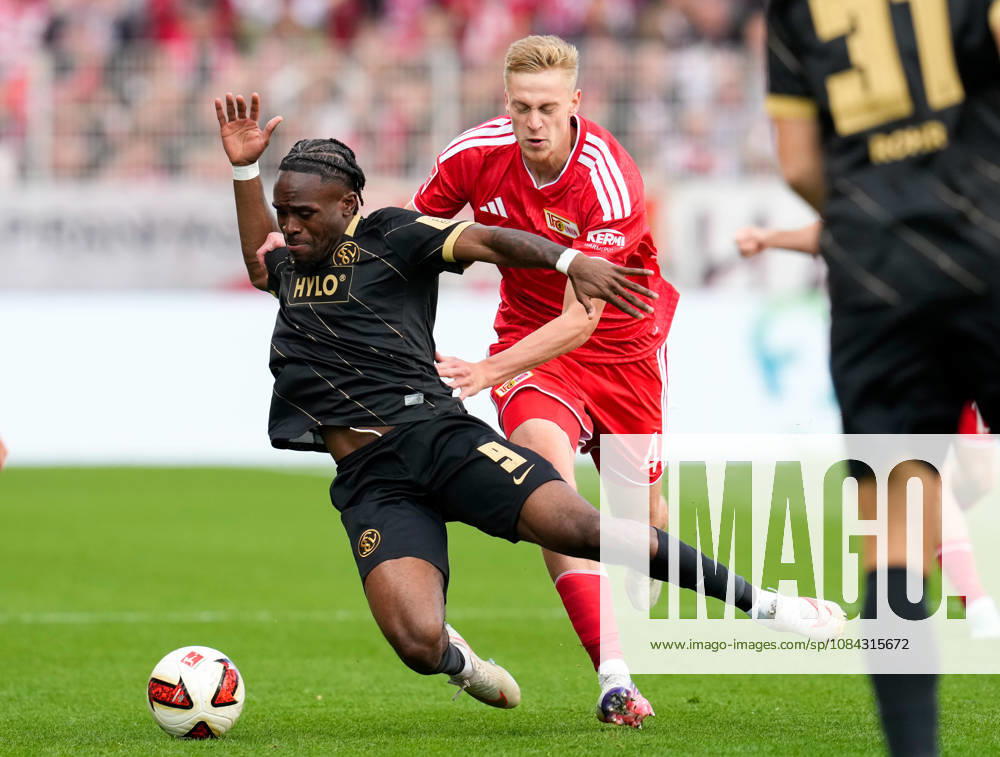 Noel Futkeu (SV Elversberg), No. 9, in a tackle with Zeno van den Bosch (1. FC Union Berlin), No. 4, GER, 1. FC Union Berlin vs. SV Elversberg, Bundesliga, Matchday 5, 2026–27 season, Stadion An der Alten Foersterei, Berlin, October 10, 2026 DFL regulations prohibit any use of photographs as image sequences and or quasi-video 1. FC Union Berlin vs. SV Elversberg, 1 Bundesliga, Matchday 5, 2026–27 Season, October 10, 2026, Berlin