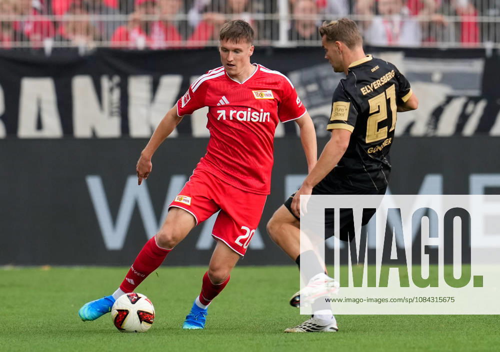 Michel Aebischer, 1. FC Union Berlin, 20, vs. Lasse Guenther, SV Elversberg, 21, GER, 1. FC Union Berlin vs. SV Elversberg, Bundesliga 1, Matchday 5, 2026–27 season, Stadion An der Alten Foersterei, Berlin, October 10, 2026 DFL regulations prohibit any use of photographs as image sequences and or quasi-video 1. FC Union Berlin vs. SV Elversberg, 1 Bundesliga, Matchday 5, 2026–27 season, October 10, 2026, Berlin