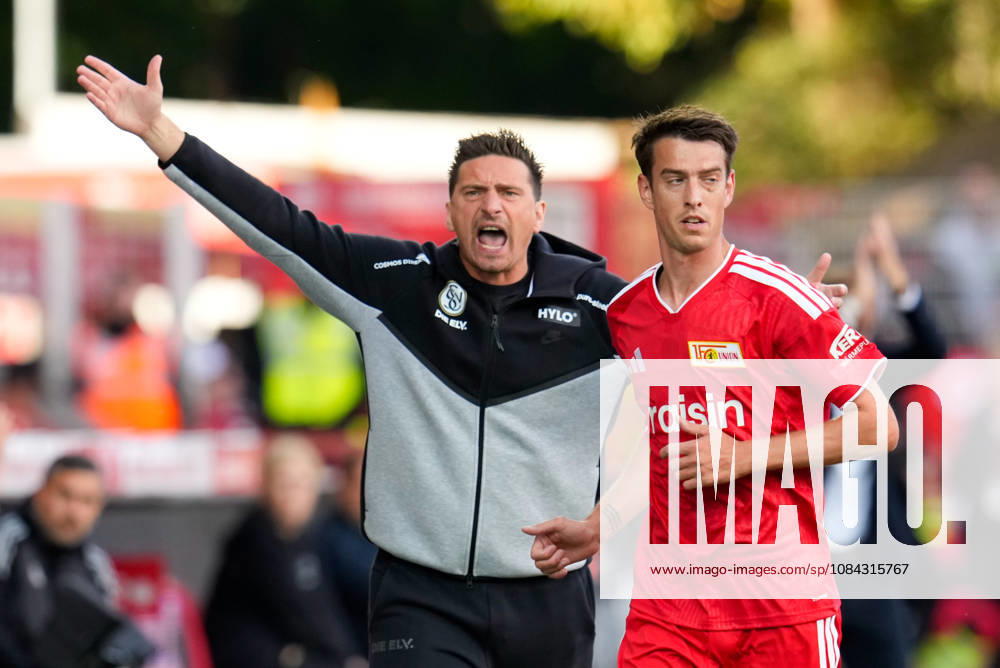 Vincent Wagner of SV Elversberg, head coach, reacts while Janik Haberer, 19, of 1. FC Union Berlin prepares for a throw-in. GER, 1. FC Union Berlin vs. SV Elversberg, 1 Bundesliga, Matchday 5, 2026–27 season, Stadion An der Alten Försterei, Berlin, October 10, 2026. DFL regulations prohibit any use of photographs as image sequences and or quasi-video. 1. FC Union Berlin vs. SV Elversberg, 1st Bundesliga, Matchday 5, 2026–27 season, October 10, 2026, Berlin