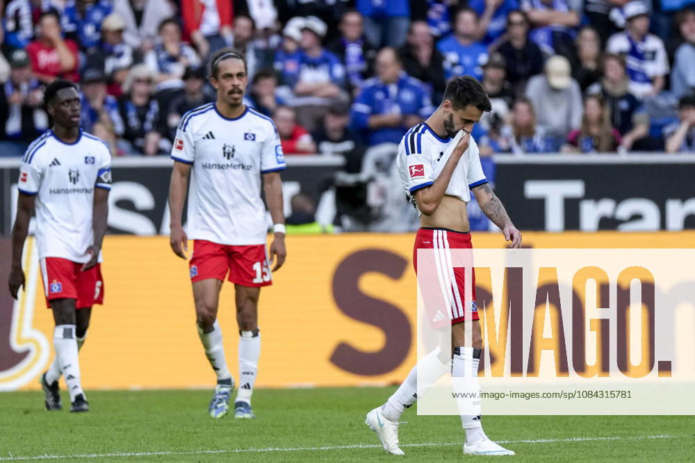 From left: Albert Sambi Lokonga (HSV), 6, Yussuf Poulsen (HSV), 15, Fabio Vieira (HSV), 20, player for Hamburger SV (HSV), looking disappointed, disappointment, frustration, pessimistic, after conceding the goal that tied the score at 1–1, action, game scene, October 10, 2026, Sinsheim, Germany, soccer, Bundesliga, TSG 1899 Hoffenheim vs. Hamburger SV, DFB and DFL regulations prohibit any use of photographs as image sequences and or quasi-video