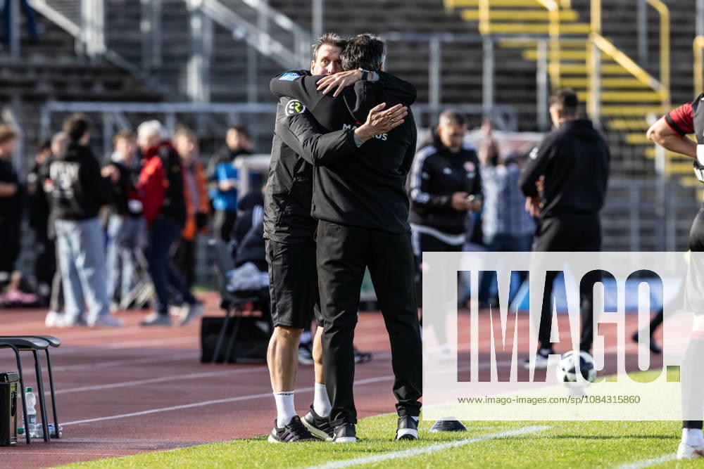 SSV Ulm 1846 Soccer vs. Eintracht Frankfurt II, Soccer, Regionalliga Southwest, Matchday 11, Donaustadion Ulm 10 10 26 Joy, celebration, and excitement at SSV Ulm 1846 Soccer following their first league win since April. From left: Oliver Unsöld, SSV Ulm 1846 Soccer, Assistant Coach, Alois Schwartz, SSV Ulm 1846 Soccer; Head Coach and Sporting Director, SSV Ulm 1846 Soccer vs. Eintracht Frankfurt II, Soccer, Regionalliga Southwest, Matchday 11, Donaustadion, Ulm, October 26, Photo by Lucca Fundel, Ulm, Donaustadion, Baden-Württemberg, Germany
