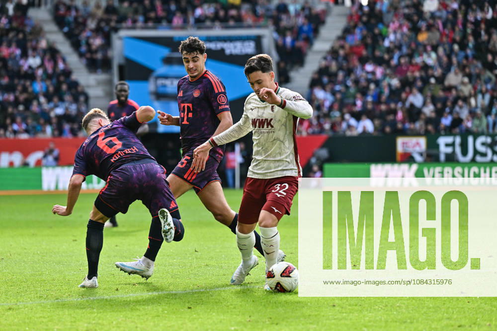 AUGSBURG, GERMANY; 10. OCTOBER: tackle between Joshua KIMMICH (FC Bayern Munich 6), Aleksandar PAVLOVIC (FC Bayern Munich 45) and Fabian RIEDER (FC Augsburg 32) during the Bundesliga Match between FC Augsburg vs. FC Bayern Munich at Matchday 5 at WWK-Arena DFL REGULATIONS PROHIBIT ANY USE OF PHOTOGRAPHS AS IMAGE SEQUENCES AND OR QUASI-VIDEO