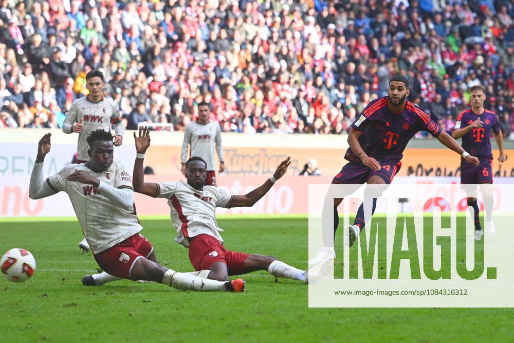 Scoring chance: Ismael SAIBARI, Bayern Munich; left: Chrislain MATSIMA, FC Augsburg; Seong Hoon CHEON, FC Augsburg; action, shot; soccer; 1. Bundesliga; 2026–2027 season, Matchday 5, Matchday 05, FC Augsburg vs. FC Bayern Munich on October 10, 2026, WWK ARENA