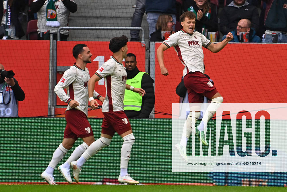 Goal celebration: Robin FELLHAUER (FC Augsburg) and Rodrigo Duarte RIBEIRO (FC Augsburg), Arijon IBRAHIMOVIC; Soccer, Bundesliga Season 2026–2027, Matchday 5, Matchday 05, FC Augsburg vs. FC Bayern Munich on October 10, 2026, WWK Arena