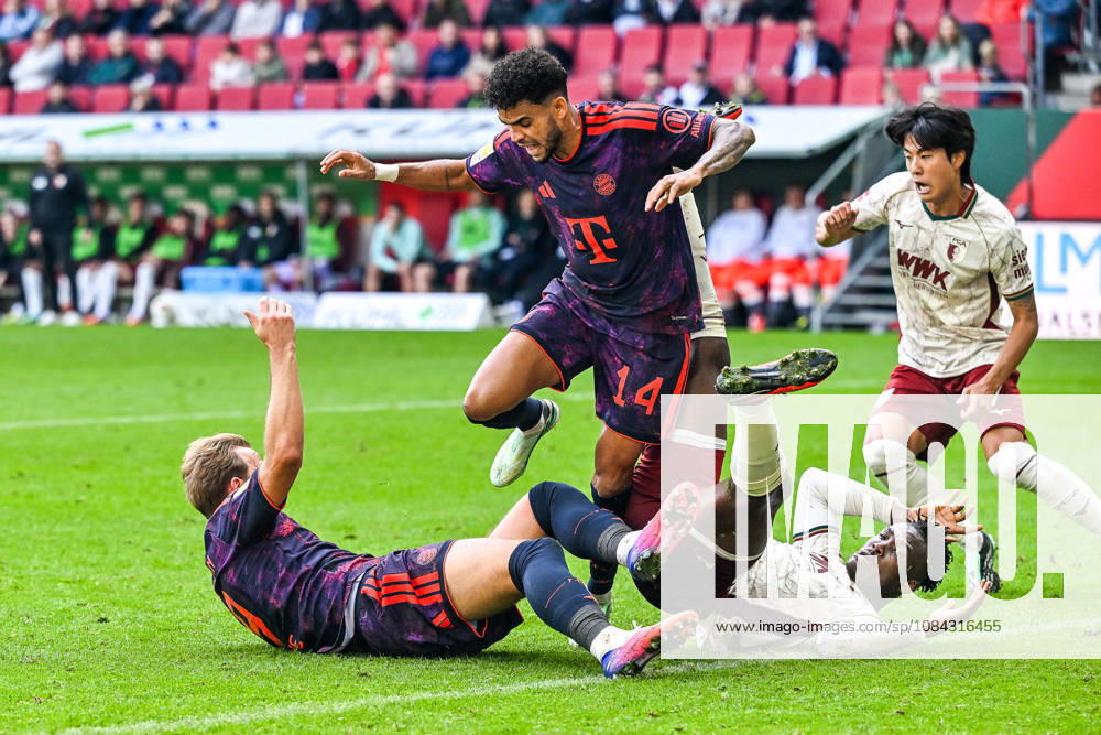 GER, Soccer, Men s, Bundesliga 1, Matchday 5, FC Augsburg vs. FC Bayern Munich: Luis Diaz (Bayern Munich), 14, in possession; Harry Kane (Bayern Munich), 9; and Juma Bah (FC Augsburg), 35, lying on their backs after a battle for the ball at the WWK Arena in Augsburg, Bavaria, Germany