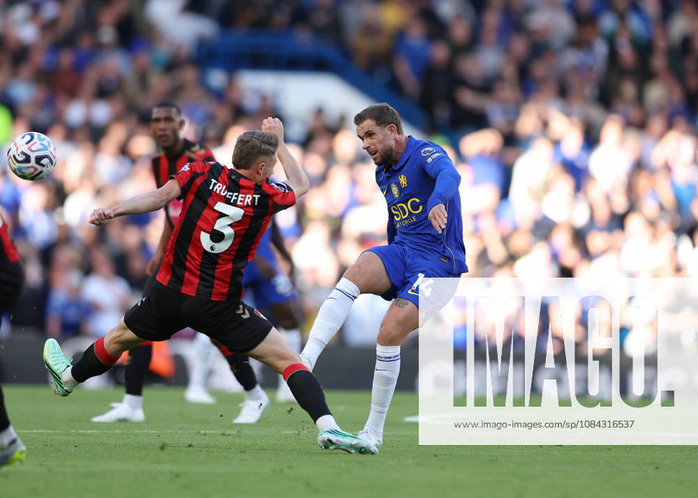 10th October 2026; Stamford Bridge, London, England; Premier League Football, Chelsea versus Bournemouth; Jordan Henderson of Chelsea under pressure from Adrien Truffert of AFC Bournemouth JohnxPatrickxFletcher