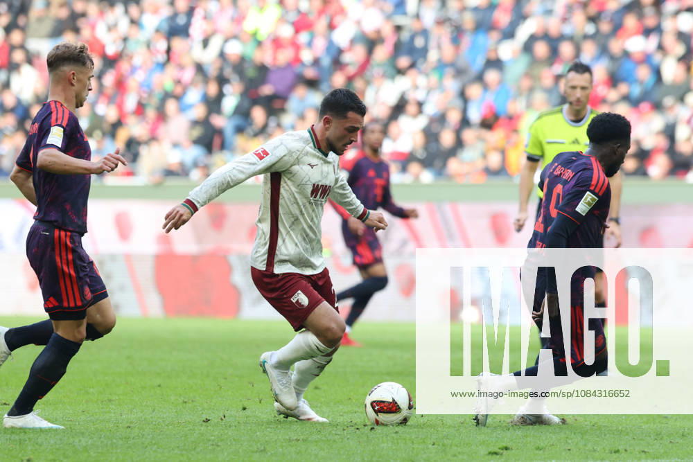 Arijon Ibrahimovic, FC Augsburg, 21, with Alphonso Davies, FC Bayern Munich, 19, and Joshua Kimmich, FC Bayern Munich, 06, GER, FC Augsburg vs. FC Bayern Munich, Soccer, Bundesliga, Matchday 5, 2026–2027 Season, October 10, 2026, DFL and DFB regulations prohibit any use of photographs as image sequences and or quasi-video, GER, FC Augsburg vs. FC Bayern Munich, soccer, Bundesliga, Matchday 5, 2026–2027 season, October 10, 2026, Augsburg