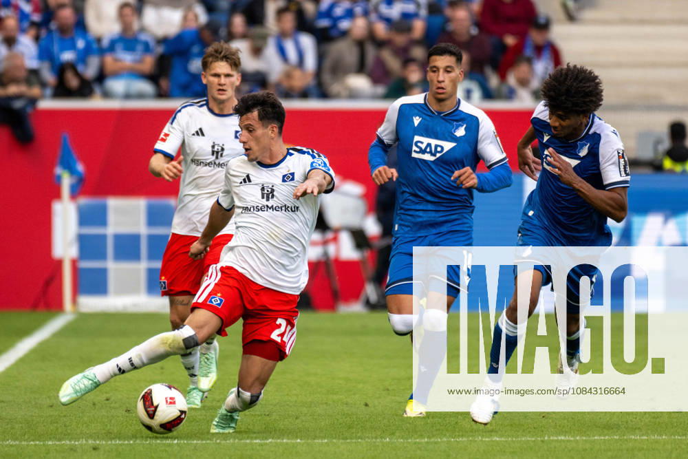 Nicolas Capaldo (Hamburger SV), Adam Daghim, and Bernardo Fernandes Da Silva Junior (TSG 1899 Hoffenheim), Germany, Sinsheim, October 10, 2026, Soccer, Bundesliga: TSG 1899 Hoffenheim vs. Hamburger SV, 2026–2027 season, Matchday 5, SNP Arena. DFL and DFB regulations prohibit any use of photographs as image sequences and or quasi-video.