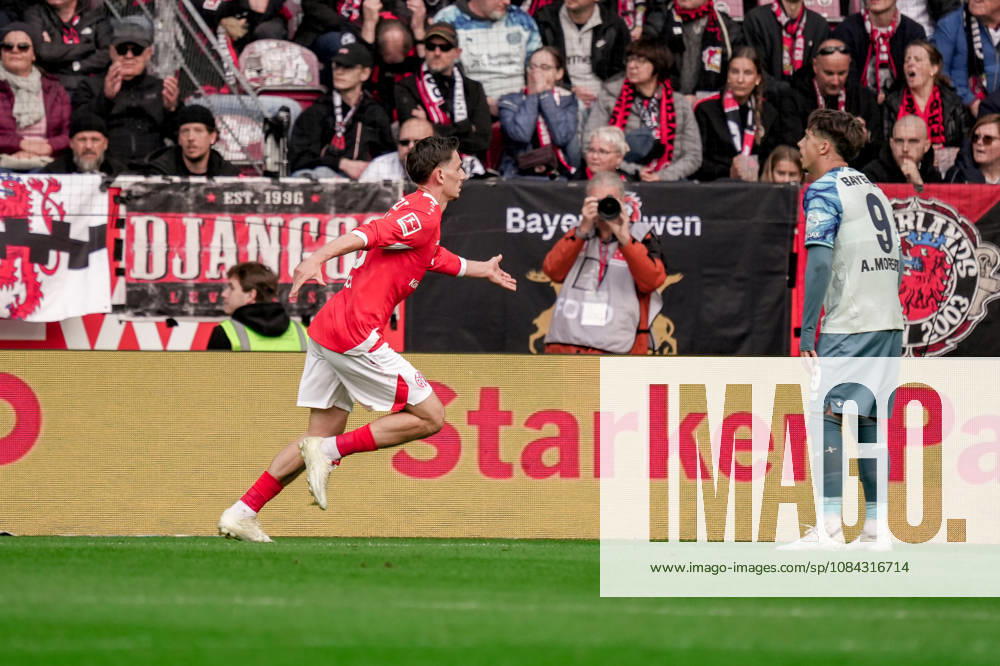 Germany Soccer Season 2026–2027, 1. Bundesliga, Matchday 5, 1 FSV Mainz 05 vs. Bayer 04 Leverkusen at MEWA Arena, Mainz; Anthony Caci (1 FSV Mainz 05), 19th goal and goal celebration for the 2–2 tie; goal, goal celebration, celebration, joy, emotions, Mainz, MEWA Arena, Germany