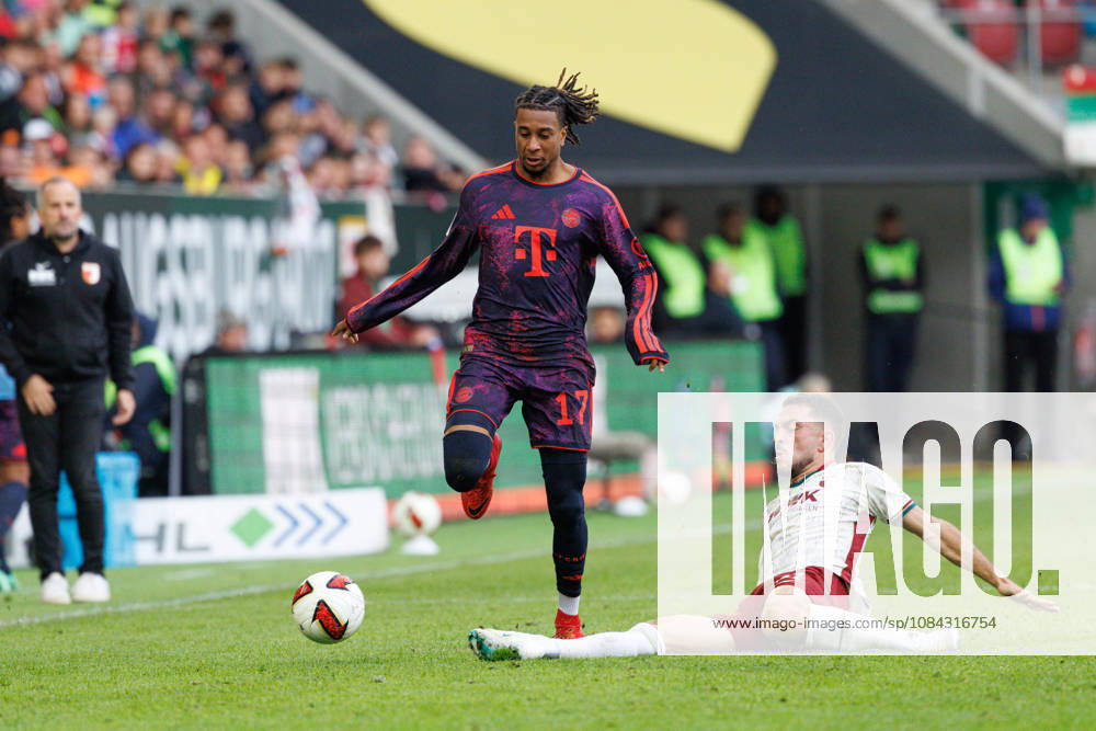 Michael Olise, 17, FC Bayern Munich, and Arijon Ibrahimovic, 21, FC Augsburg, during the match between FC Augsburg and FC Bayern Munich, soccer, men s, Bundesliga, 2026–2027, Matchday 5 on October 10, 2026, in Augsburg, WWK ARENA. DFL and DFB regulations prohibit any use of photographs as image sequences and or quasi-video. Bayern, Germany