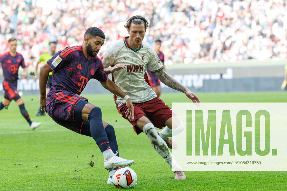 Ismael Saibari, 34, FC Bayern Munich, and Calvin Brackelmann, 2, FC Augsburg, during the match between FC Augsburg and FC Bayern Munich, soccer, men s, Bundesliga, 2026–2027, Matchday 5 on October 10, 2026, in Augsburg, WWK ARENA. DFL and DFB regulations prohibit any use of photographs as image sequences and or quasi-video. Bavaria, Germany