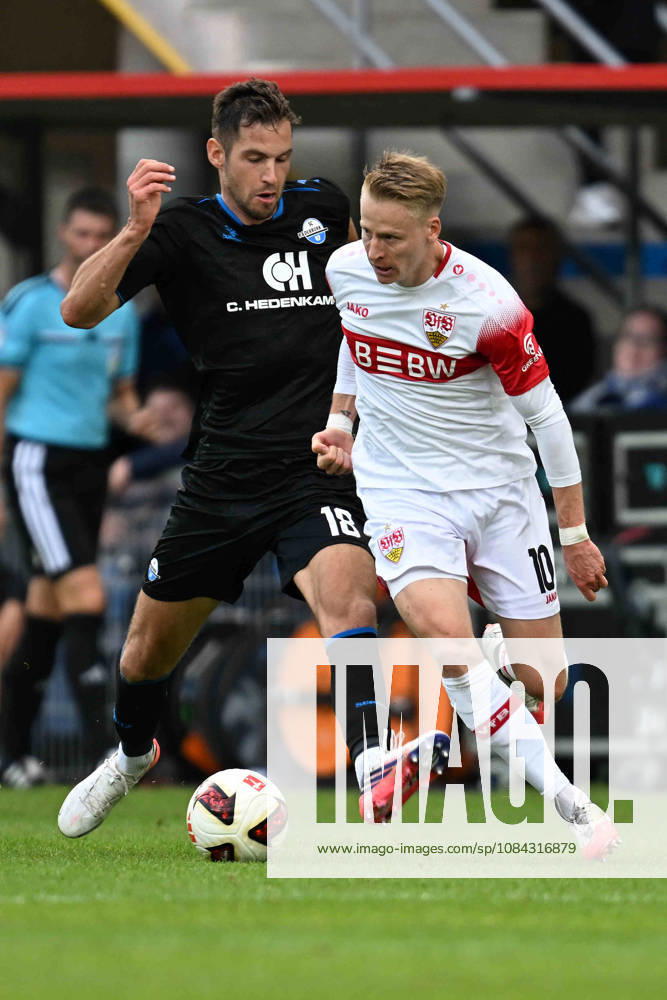 Paderborn, Home Deluxe Arena, October 10, 2026, GER, Men s, 1st Bundesliga, 2026–2027 Season, SC Paderborn 07 vs. VfB Stuttgart. Pictured from left in a tackle: Marvin PIERINGER (Paderborn) and Chris FUEHRICH (Stuttgart). DFL regulations prohibit any use of photographs as image sequences and or quasi-video. North Rhine-Westphalia, Germany