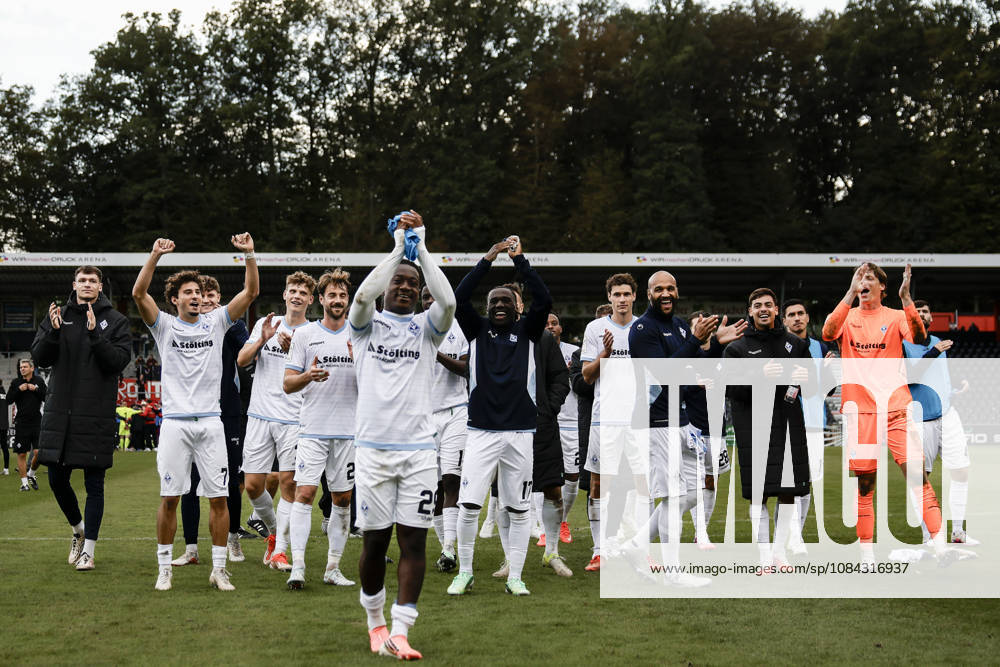Soccer 3rd Division, SG Sonnenhof Grossaspach vs. SV Waldhof Mannheim – Celebrating with the fans after the game, Nolan Muteba of SV Waldhof Mannheim, No. 29, takes center stage during the celebration