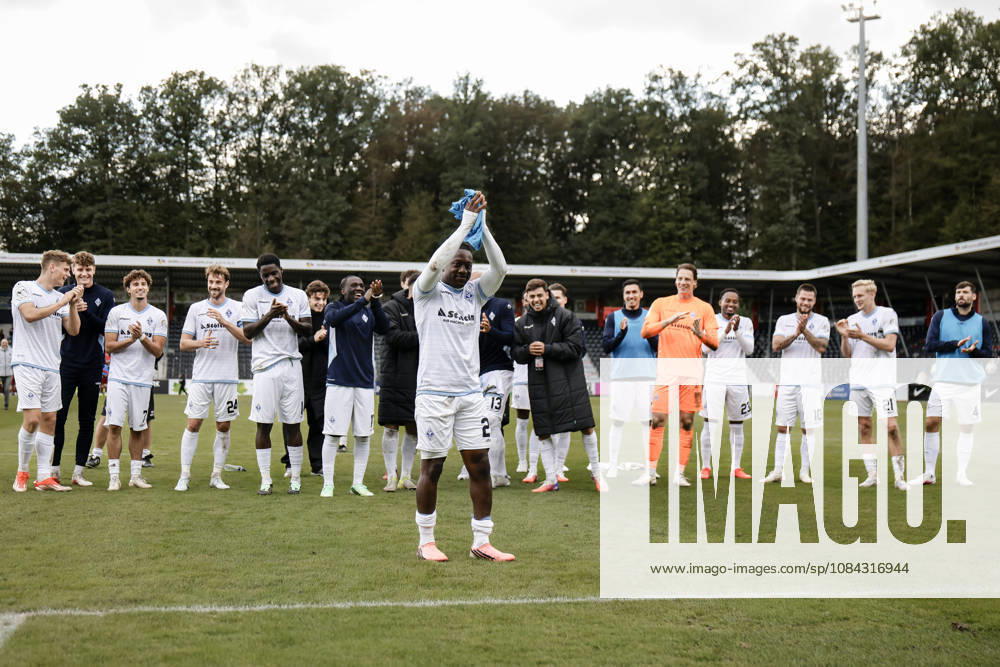 Soccer 3rd Division, SG Sonnenhof Grossaspach vs. SV Waldhof Mannheim – Celebrating with the fans after the game, Nolan Muteba of SV Waldhof Mannheim, No. 29, takes center stage during the celebration