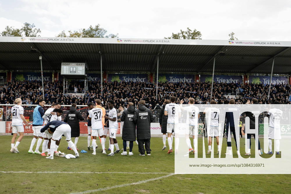 Soccer 3rd Division, SG Sonnenhof Grossaspach vs. SV Waldhof Mannheim – Celebrating with the fans after the game, Nolan Muteba of SV Waldhof Mannheim, No. 29, takes center stage during the celebration