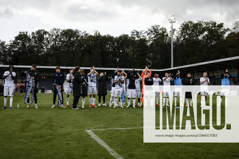 Soccer 3rd Division, SG Sonnenhof Grossaspach vs. SV Waldhof Mannheim – Celebrating with the fans after the game, Nolan Muteba of SV Waldhof Mannheim, No. 29, takes center stage during the celebration