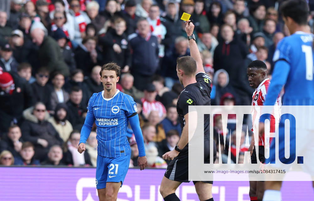 Sunderland, England, 10th October 2026. Yellow card for Olivier Boscagli of Brighton and Hove Albion during the Sunderland vs Brighton and Hove Albion Premier League match at the Stadium Of Light, Sunderland. Picture credit should read: Nigel Roddis Sportimage . SPI_013_NR_SUND_BRIG SPI-5059-0013