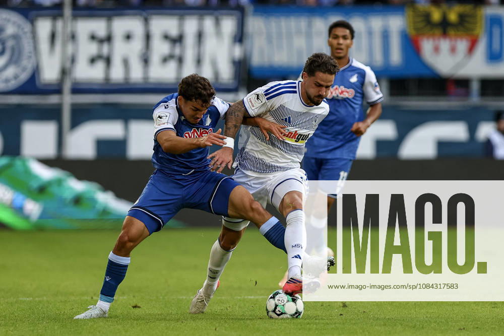 GER, Soccer, Men s, 3rd Division, 2026–2027 Season, MSV Duisburg vs. TSG Hoffenheim II, Sean Dulic (TSG II) and Lex Tyger Lobinger, Duisburg battling for the ball, Duisburg Schauinsland Arena, North Rhine-Westphalia, Germany