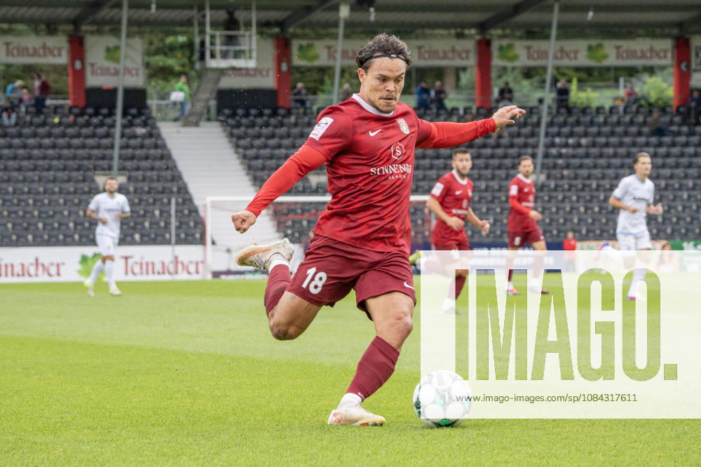 Soccer 3rd Division, SG Sonnenhof Großaspach vs. SV Waldhof Mannheim; Niklas Pöllex of SG Sonnenhof Großaspach takes a shot in Aspach