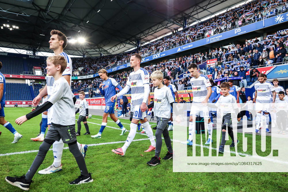 Sports, Soccer, 3rd Division, 2026–2027 Season, Matchday 8: MSV Duisburg vs. TSG 1899 Hoffenheim II, October 10, 2026, Schauinsland Reisen Arena: Martin Ens (MSV Duisburg), 4; Christian Viet (MSV Duisburg), 10; Conor Noß (MSV Duisburg), 14, during the team s entrance at the Schauinsland Reisen Arena in Duisburg, North Rhine-Westphalia, Germany