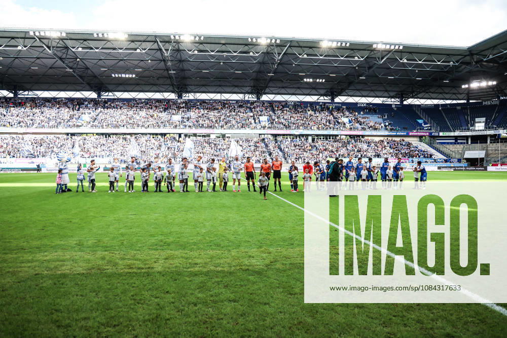Sports, Soccer, 3rd Division, 2026–2027 Season, Matchday 8: MSV Duisburg vs. TSG 1899 Hoffenheim II, October 10, 2026, Schauinsland Reisen Arena: The teams before the game after taking the field; Duisburg, Schauinsland Reisen Arena, North Rhine-Westphalia, Germany