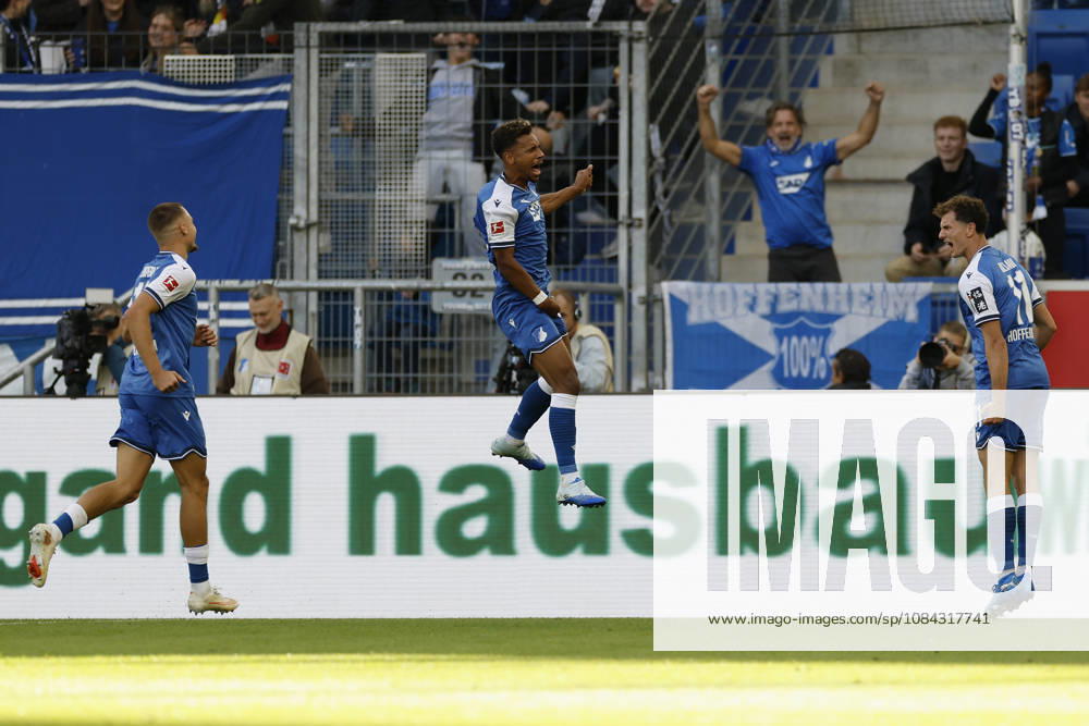From left to right: Tim Lemperle (TSG Hoffenheim), goal scorers Bambasé Conté (TSG Hoffenheim) and Fisnik Asllani (TSG Hoffenheim), Celebrating after the 2–1 goal, cheering, celebrated, cheers, cheering, emotions during the Bundesliga match between TSG 1899 Hoffenheim and Hamburger SV at the PreZero Arena, Sinsheim, Germany, on October 10, 2026, in action during the Bundesliga match between TSG 1899 Hoffenheim and Hamburger SV at the PreZero Arena, Sinsheim, Germany, on October 10, 2026. DFB and DFL regulations prohibit any use of photographs as image sequences and or quasi-video,