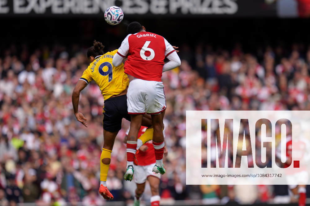 10th October 2026; Emirates Stadium, London, England; Premier League Football, Arsenal versus Leeds United; Dominic Calvert-Lewin of Leeds United and Gabriel of Arsenal compete for a header TomxMajor