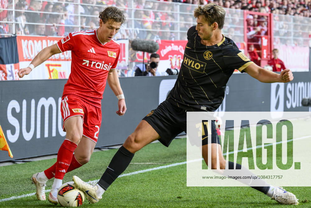In the photo, from left: Tim Skarke (Union Berlin), 21; Maximilian Rohr (SV Elversberg), 31; tackle, action, battle, fighting for the ball, GER, Berlin, soccer, 1. FC Union Berlin vs. SV Elversberg, at the Alte Försterei, October 10, 2026, DFB and DFL regulations prohibit any use of photographs as image sequences and or quasi-video,
