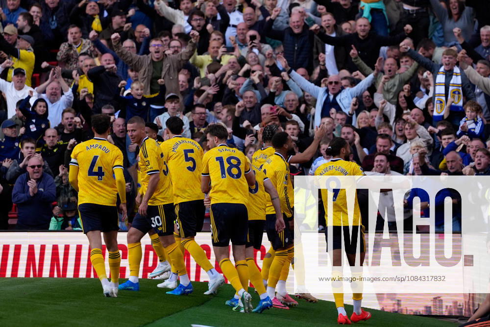 10th October 2026; Emirates Stadium, London, England; Premier League Football, Arsenal versus Leeds United; Leeds United players celebrate in front of their supporters after scoring the first goal to make it 1-0 TomxMajor