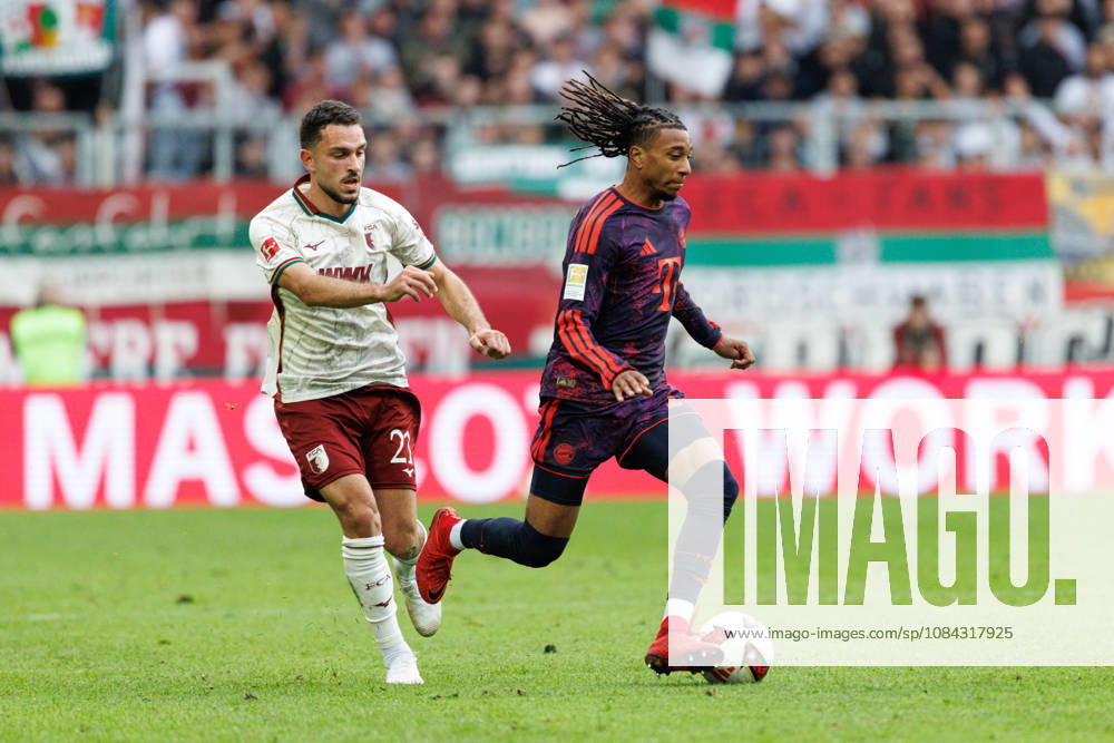 Michael Olise, 17, FC Bayern Munich, and Arijon Ibrahimovic, 21, FC Augsburg, during the match between FC Augsburg and FC Bayern Munich, soccer, men s, Bundesliga, 2026–2027, Matchday 5 on October 10, 2026, in Augsburg, WWK ARENA. DFL and DFB regulations prohibit any use of photographs as image sequences and or quasi-video. Bayern, Germany